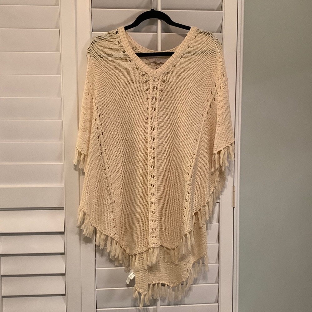LOFT Cream Knit Fringe Poncho